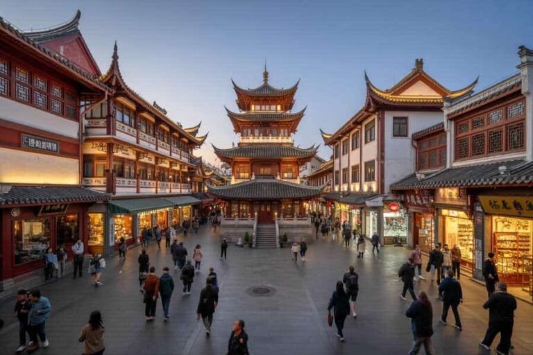 Central plaza with a multi-tiered pagoda in the center, flanked by traditional Chinese buildings and people strolling at dusk.