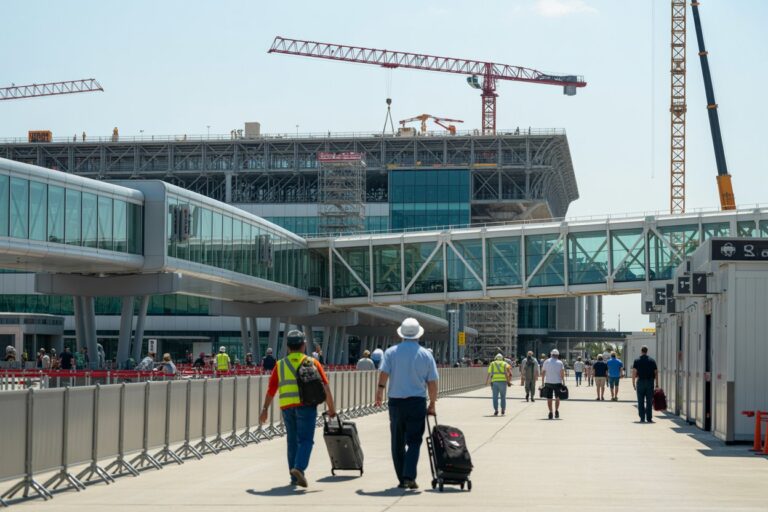 Construction cranes loom over a glass-front airport terminal as travelers with rolling luggage walk along a wide concourse under bright skies.