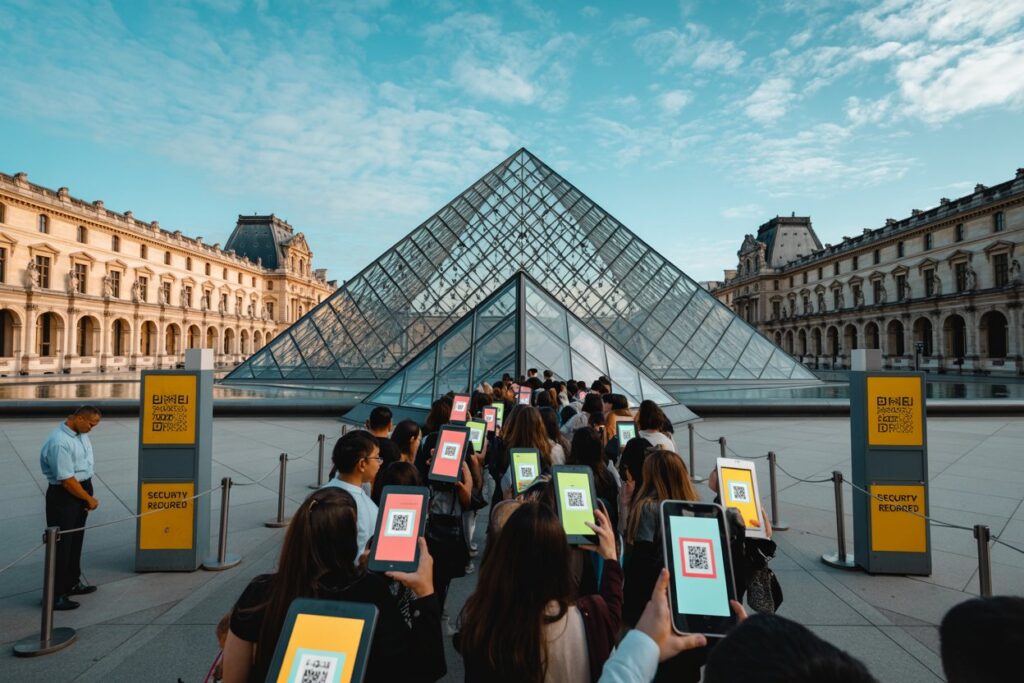 Crowd of people holding tablets displaying QR codes in front of the Louvre Pyramid courtyard.",