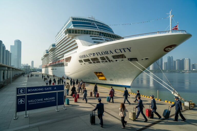 Huge cruise ship docked at a port as travelers with rolling luggage walk toward the boarding area on a sunny day.