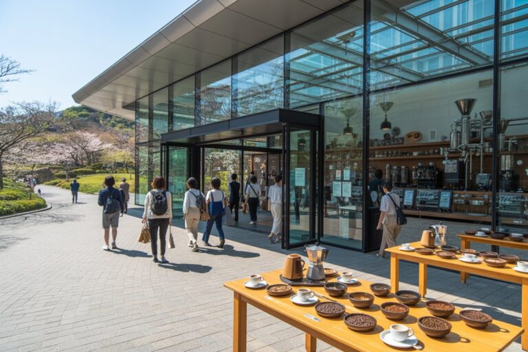 People walk toward a glass-front cafe entrance beside outdoor wooden tables filled with coffee cups and bowls of coffee beans under a sunny sky.