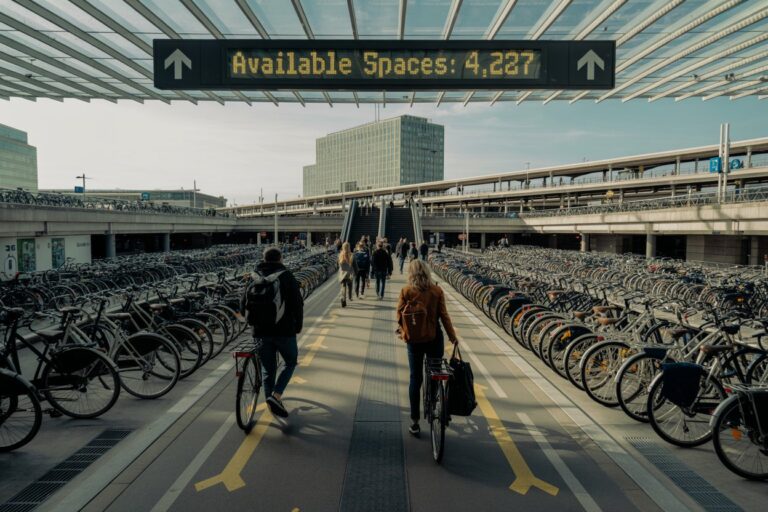 Public bike parking area at a transit hub with hundreds of bikes and a digital sign reading Available Spaces: 4,227 above the walkway.