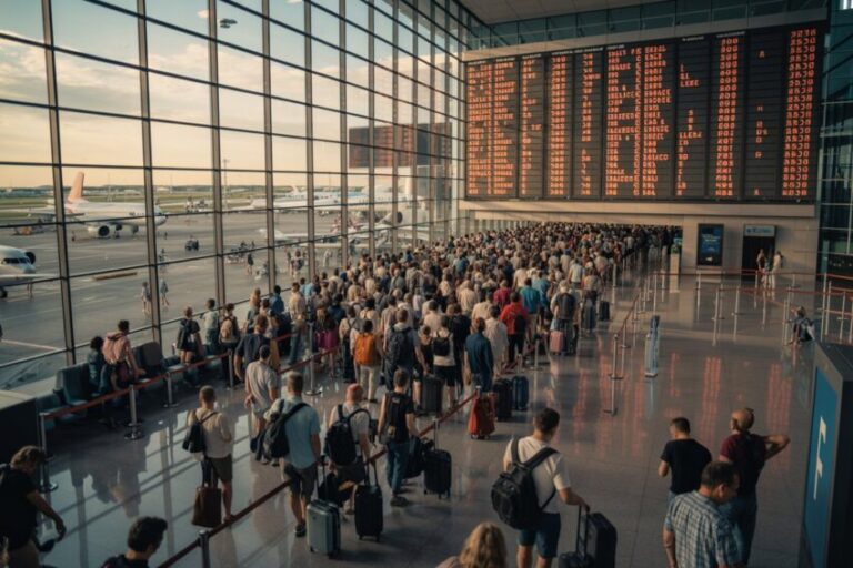 Crowded airport terminal with travelers in line and a large digital flight information board overhead.