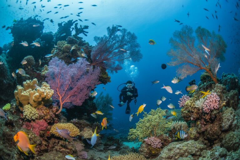 Scuba diver swimming among vibrant coral reef and schools of tropical fish underwater.