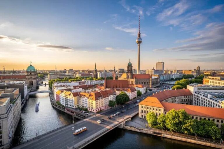 Aerial view of Berlin at sunset showing the Spree River, bridges, colorful red-roofed houses, and the Berlin TV Tower in the distance.