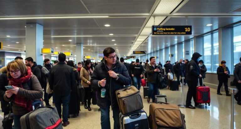 Crowded airport terminal with travelers waiting and luggage on wheels under bright overhead lights.
