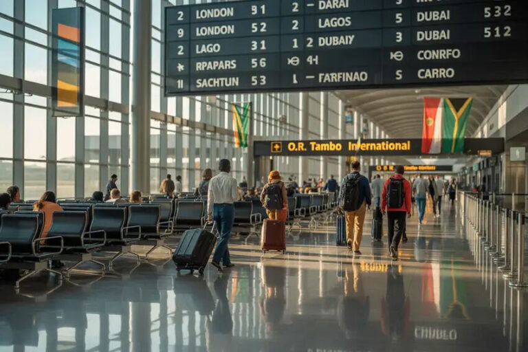 Busy airport departure hall with travelers, luggage, and a large flight board overhead at O.R. Tambo International.