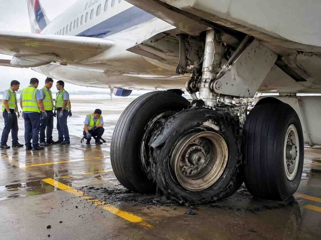 Jet on a wet tarmac with severely damaged main landing gear tire as ground crew in high‑vis vests inspect the area on a rainy apron of the airport.