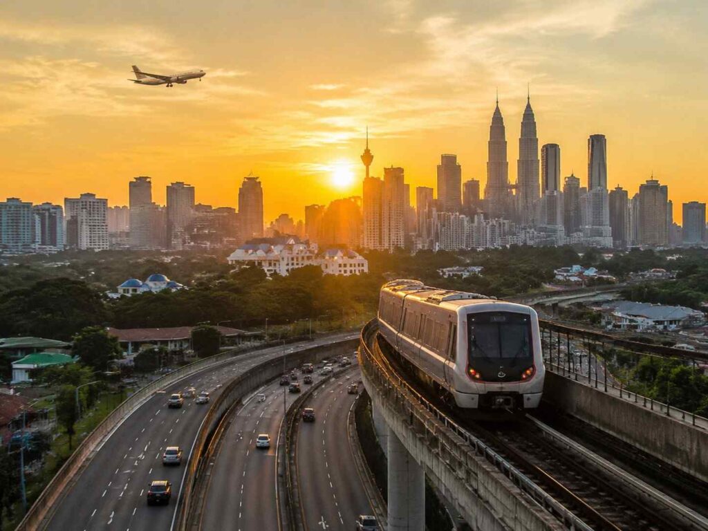 Sunset city skyline with skyscrapers, an elevated train on a curved track, and a highway below.