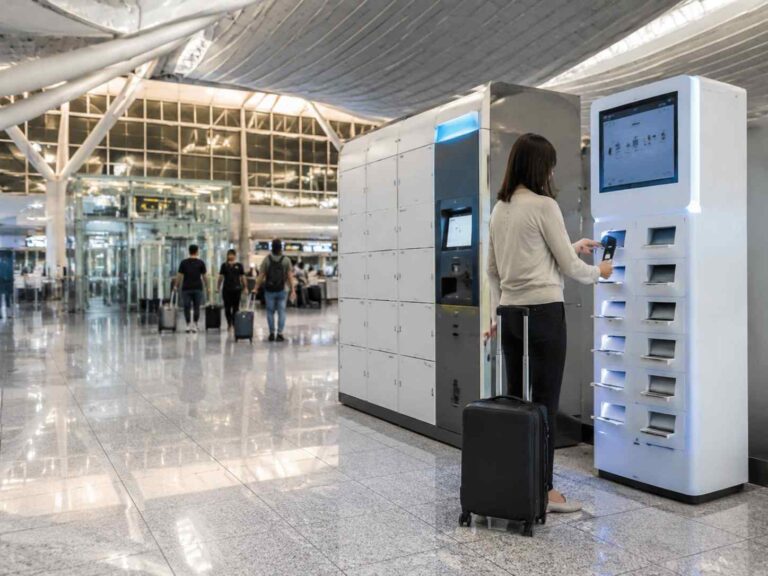 Traveler with a rolling suitcase uses a self-service kiosk beside white luggage lockers in a bright airport hall.