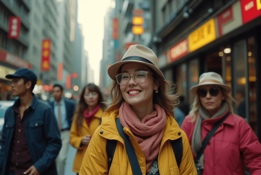 Smiling woman in a tan hat, glasses, and mustard-yellow jacket with a pink scarf, center of a busy city street with pedestrians behind her.