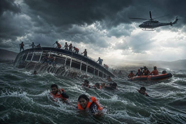 Crew in orange life jackets cling to a capsized ship as rough waves surge; a helicopter hovers above and a rescue boat approaches in a stormy sea.