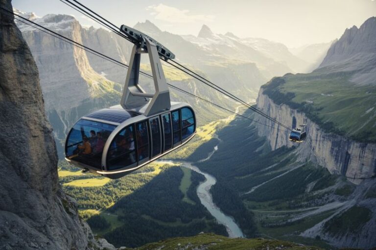 Cable car gondola gliding above a steep mountain valley with a winding river below.