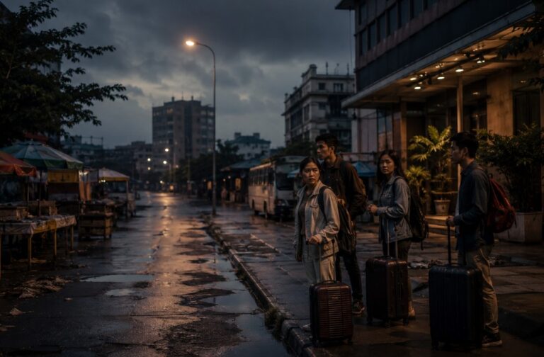 Four friends with rolling suitcases stand on a wet city street at dusk, looking toward the camera.