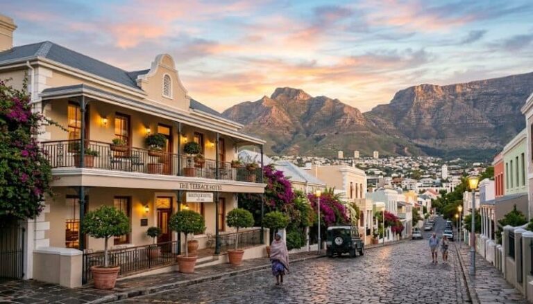 Sunset-lit cobblestone street in a hillside town, with a two-story hotel on the left, balconies, potted trees, and mountains in the distance.