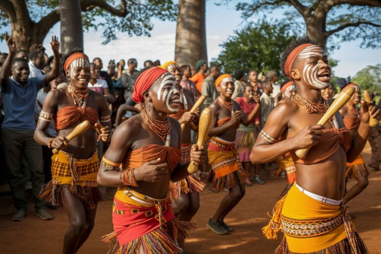 Dancers in orange skirts with white face paint perform a traditional dance outdoors while onlookers cheer, holding wooden sticks.
