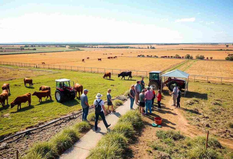 Group of people on a farm listening to a guide beside tractors while cows graze in a fenced paddock on a sunny day