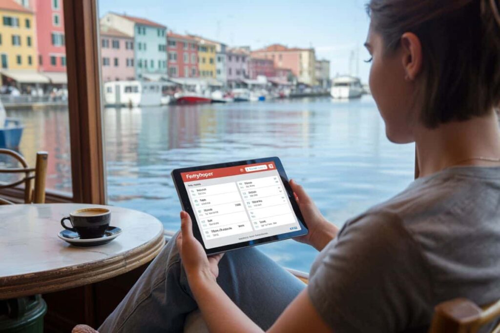 Person in a waterfront cafe checks ferry times on a tablet while a coffee cup sits on the table and colorful harbor houses are in the background (Ferryhopper app).