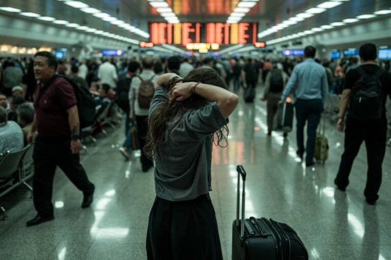 Woman standing in a crowded airport terminal, hands in her hair beside a rolling suitcase.