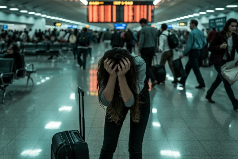 Stressed traveler in a busy airport terminal bending over, hands covering her face beside a rolling suitcase.