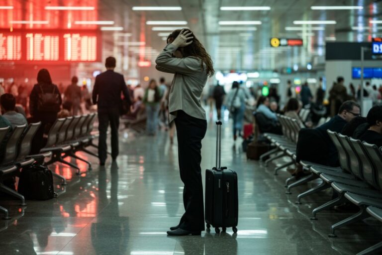 Woman standing with hands on her head beside a rolling suitcase in a busy airport departure lounge.