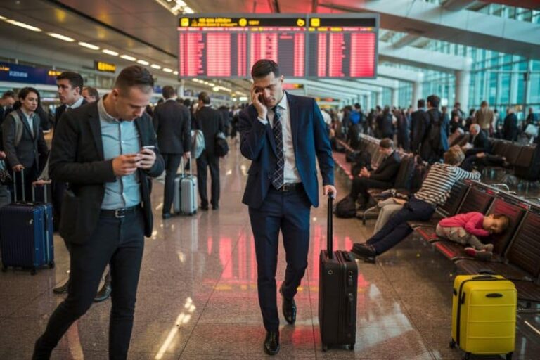 Business traveler in a navy suit walking through a crowded airport, talking on his phone and pulling a suitcase past a flight information board.