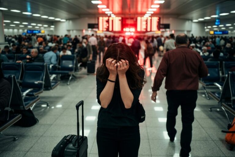 Stressed woman in a crowded airport or station, covering her face beside a wheeled suitcase.