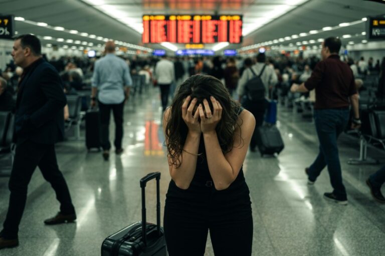 Woman in black stands in a busy airport terminal, hands covering her face beside a rolling suitcase.