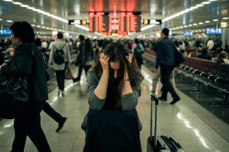 Distressed woman sitting with hands on her head in a crowded airport terminal, luggage beside her, overwhelmed by travel.