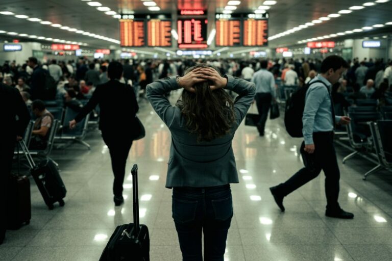 Traveler stands with hands on their head in a crowded airport terminal, luggage at their feet.