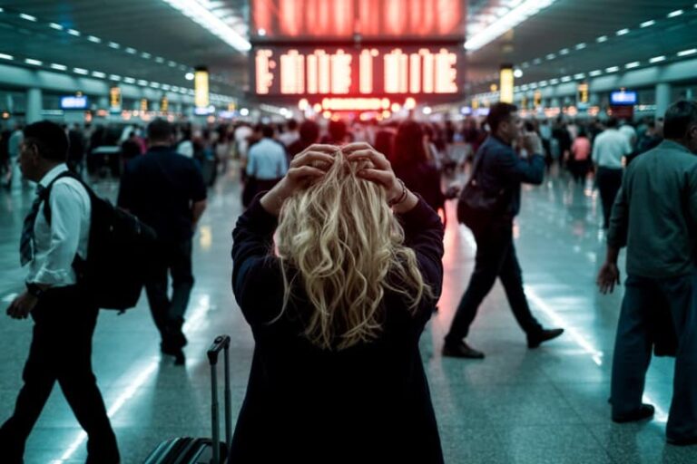 Traveler with blonde hair standing with hands on head in a crowded airport terminal with a suitcase nearby, seen from behind, busy with people.