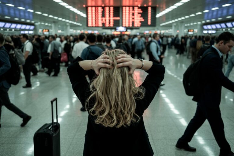 A woman with blonde hair stands with her hands on her head amid a crowded train station or airport concourse, a red digital departure board behind her.
