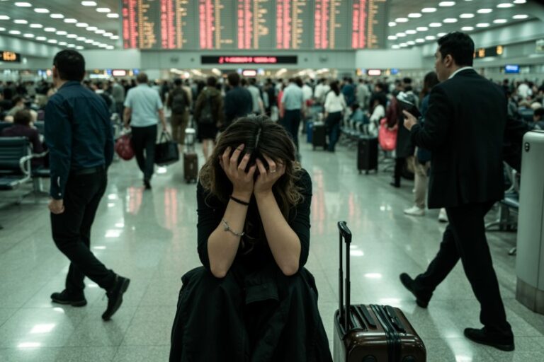 A woman sits on a suitcase in a crowded airport, hands over her face in distress as travelers bustle around her.