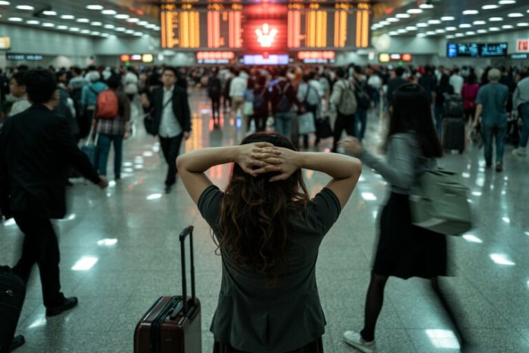 Woman with hands clasped behind her head stands in a busy airport terminal with a suitcase beside her.