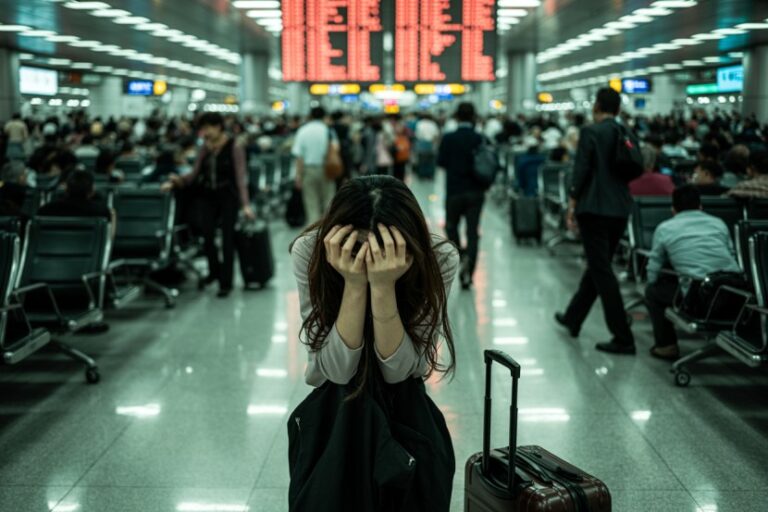 Woman sits on the floor of a busy airport/terminal, head in her hands beside a rolling suitcase.