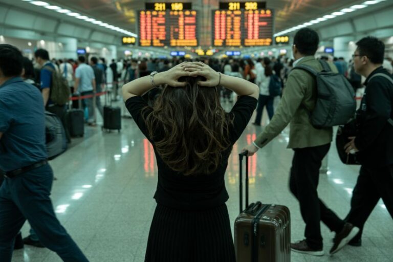 A woman stands with hands on her head in a busy airport terminal, luggage by her side, as bright departure boards glow in the background.