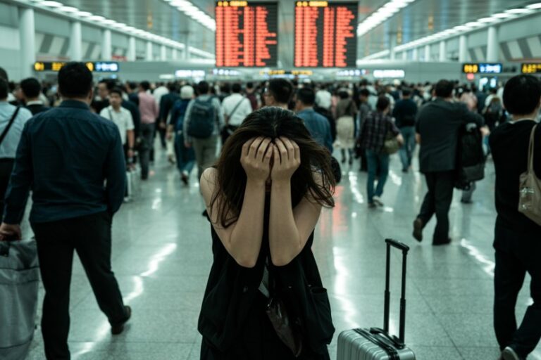 Distressed woman covering her head stands in a crowded airport terminal with rolling luggage and crowds behind her, flight boards in the background.