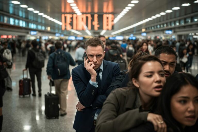 A business traveler in a blue suit talks on his cellphone while surrounded by crowded passengers in a busy airport terminal.