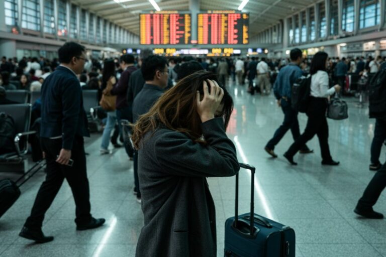 Distraught woman in a gray coat stands with a blue rolling suitcase in a crowded airport/railway terminal, hands on her head as crowds pass by.