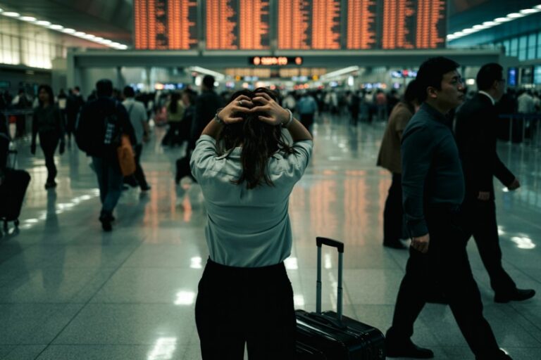 Woman stands with hands on her head in a crowded airport terminal, with a rolling suitcase beside her.