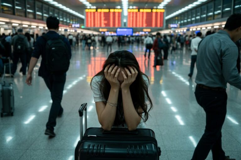Young woman in an airport sits with head in hands beside a rolling suitcase, surrounded by travelers.