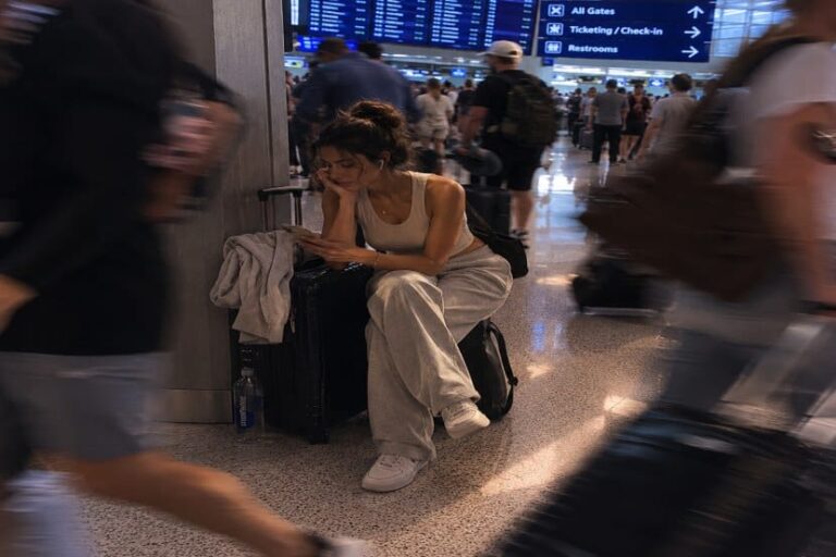 Traveler sitting on a rolling suitcase in a busy airport, resting with her head in her hand.