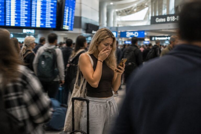 Woman at a busy airport terminal checks her phone, with a suitcase beside her and a worried expression on her face.