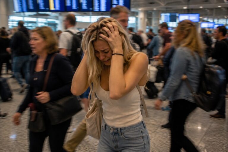 Young woman in a white tank top and jeans covers her head with both hands, crying amid a crowded airport terminal.