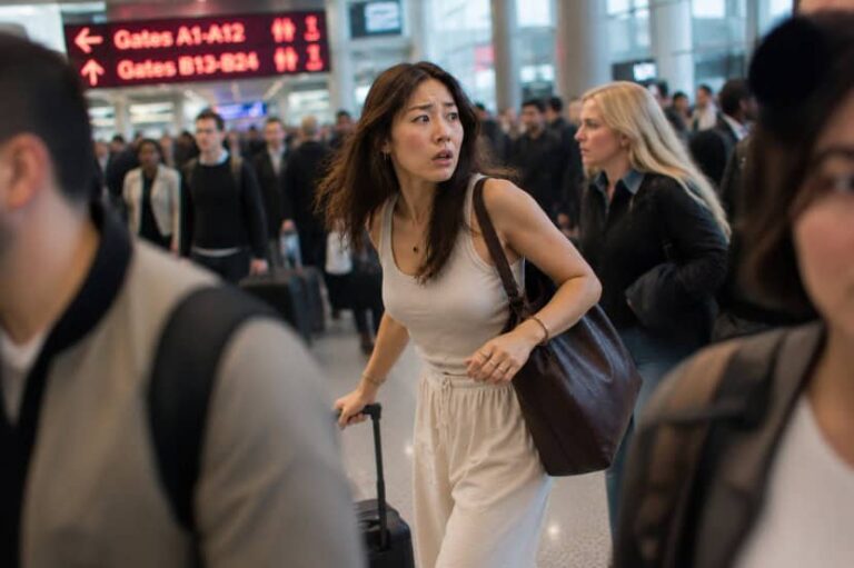 A surprised woman in a white outfit pulls a small suitcase through a busy airport crowd with a brown shoulder bag on her arm.