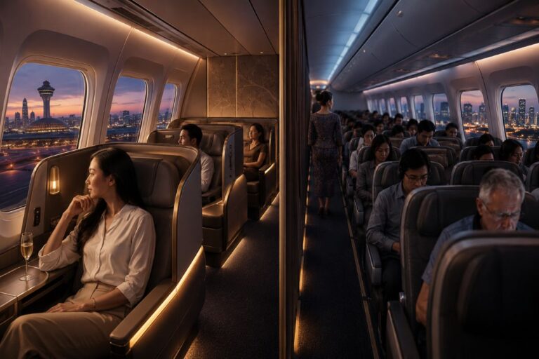 Business-class airplane cabin at dusk with passengers seated by windows and city lights outside the windows.