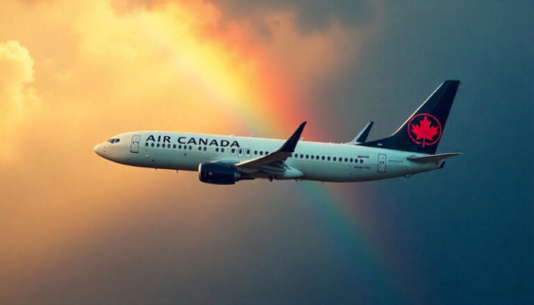 Air Canada airplane flying through a rainbow-lit sky, tails red maple leaf visible on the tailfin