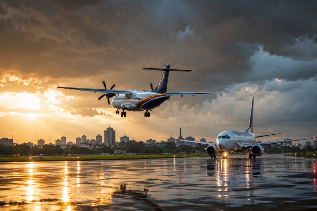 Turboprop airliner landing on a wet runway at sunset, with a jet parked on the taxiway and a city skyline in the background.