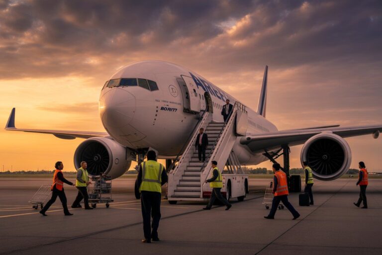 Airplane parked at the gate with stairs attached and ground crew guiding passengers and luggage workers nearby at sunset edge of tarmac.