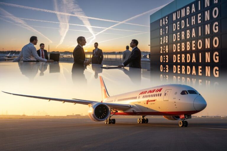Businesspeople shake hands on a rooftop near a parked Arnia aircraft with a departure-board backdrop at sunset, signaling aviation partnerships.